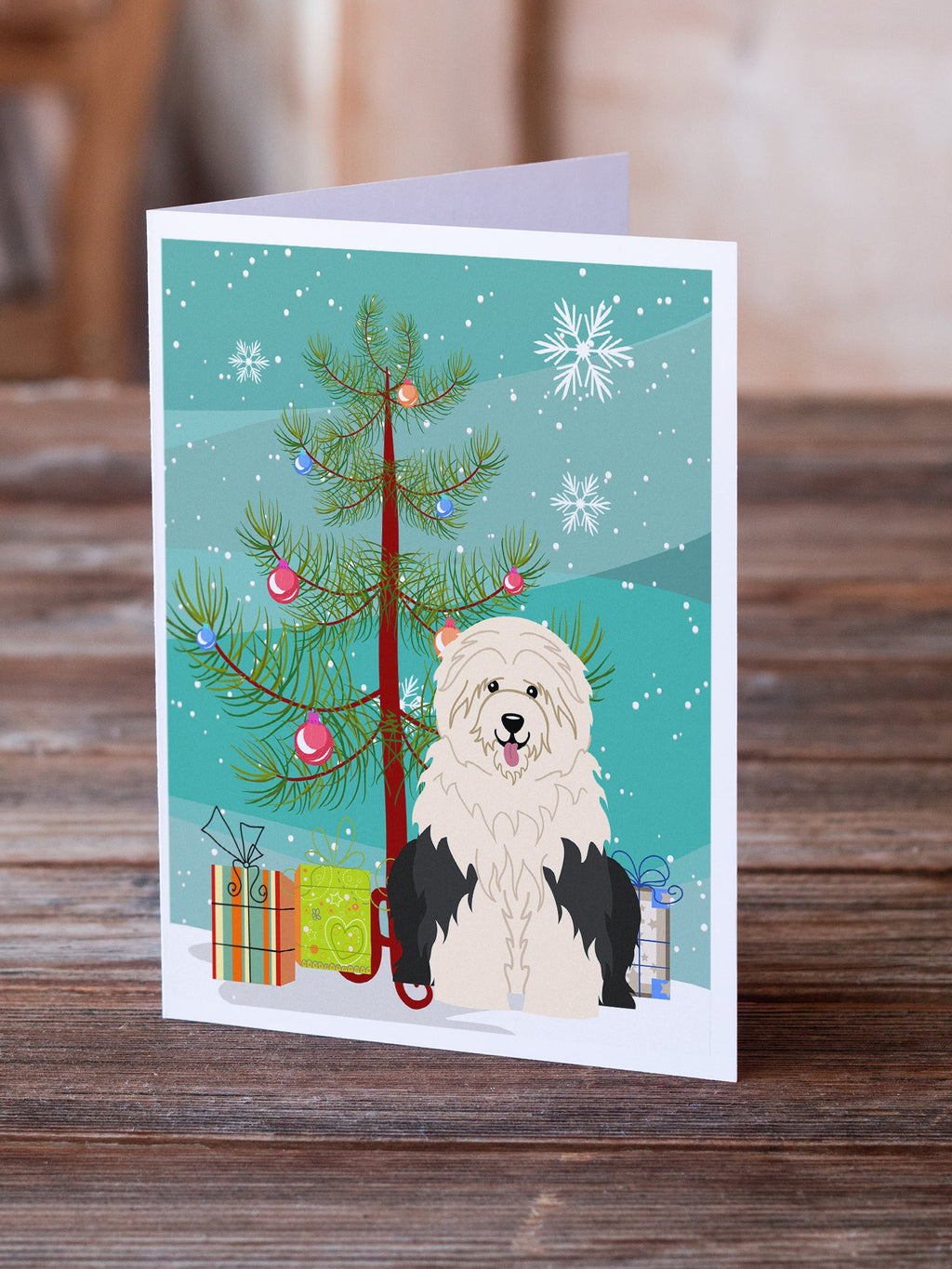Merry Christmas Tree Old English Sheepdog Greeting Cards Pack of 8 Blank Cards with Envelopes Whimsical A7 Size 5x7