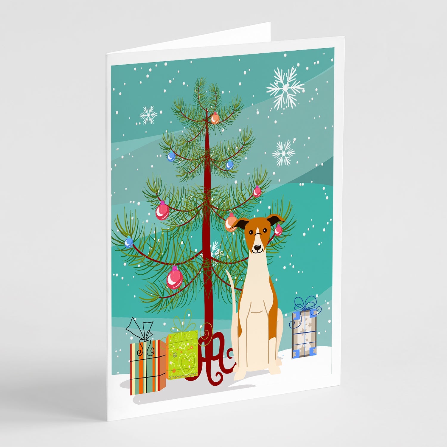 Merry Christmas Tree Whippet Greeting Cards Pack of 8 Blank Cards with Envelopes Whimsical A7 Size 5x7