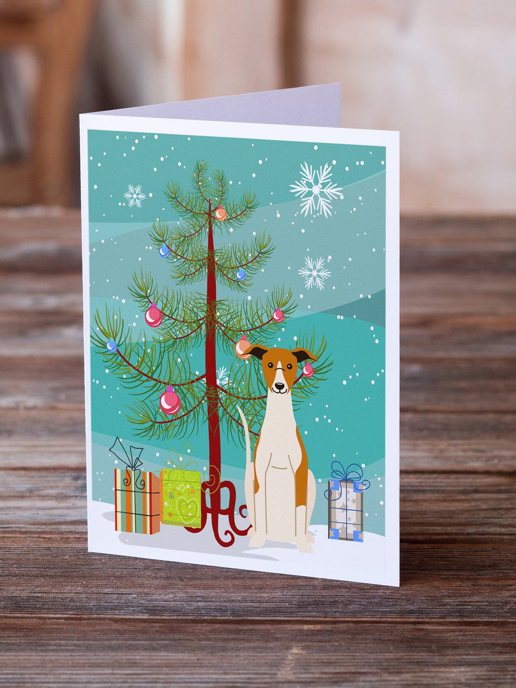 Merry Christmas Tree Whippet Greeting Cards Pack of 8 Blank Cards with Envelopes Whimsical A7 Size 5x7