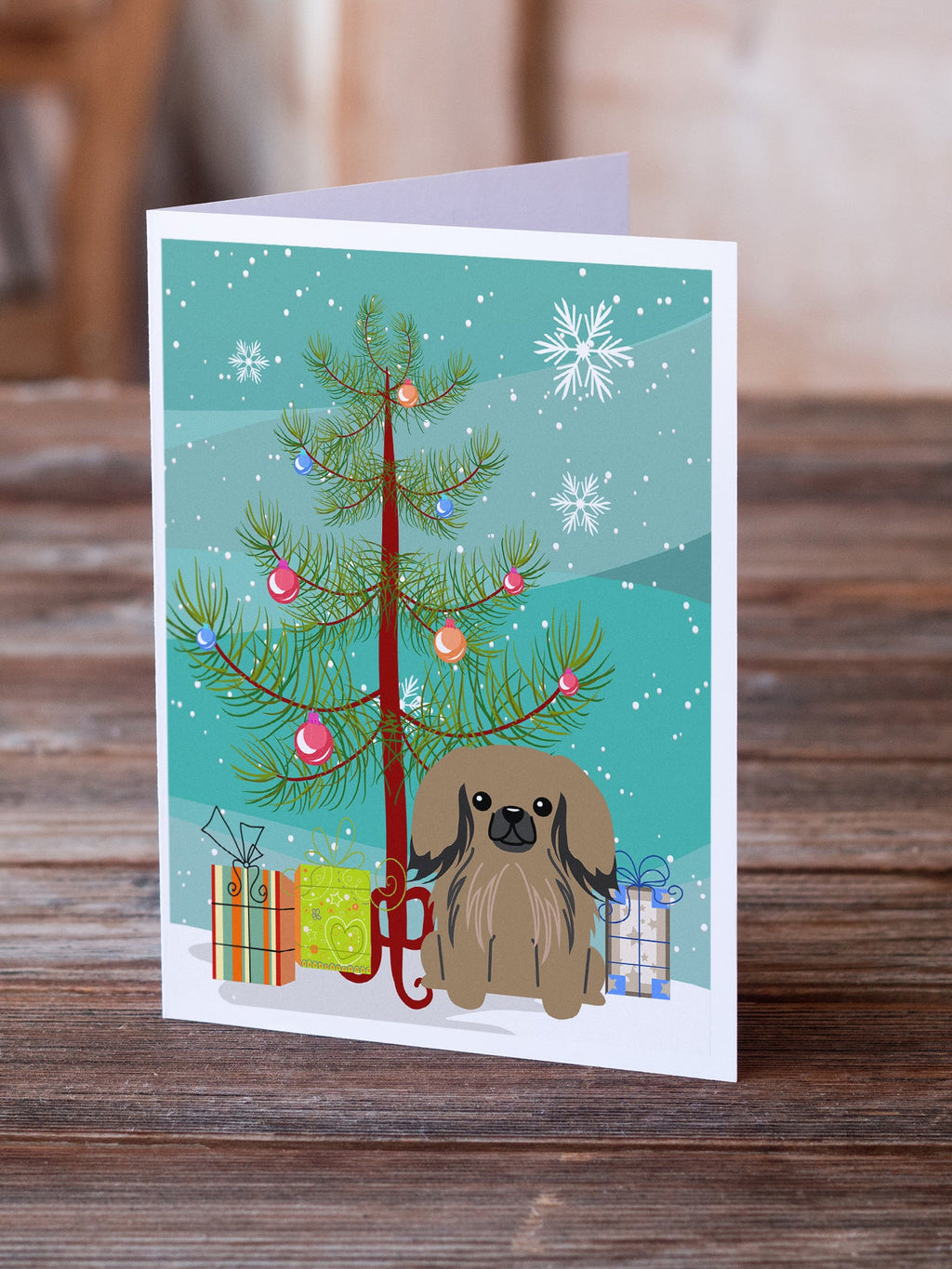Merry Christmas Tree Pekingese Tan Greeting Cards Pack of 8 Blank Cards with Envelopes Whimsical A7 Size 5x7