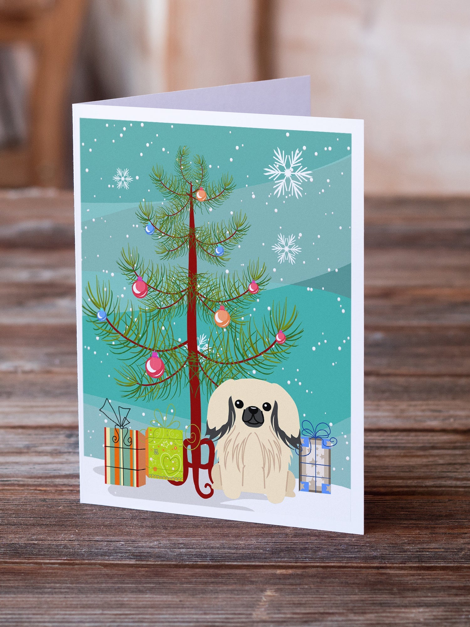 Merry Christmas Tree Pekingese Cream Greeting Cards Pack of 8 Blank Cards with Envelopes Whimsical A7 Size 5x7