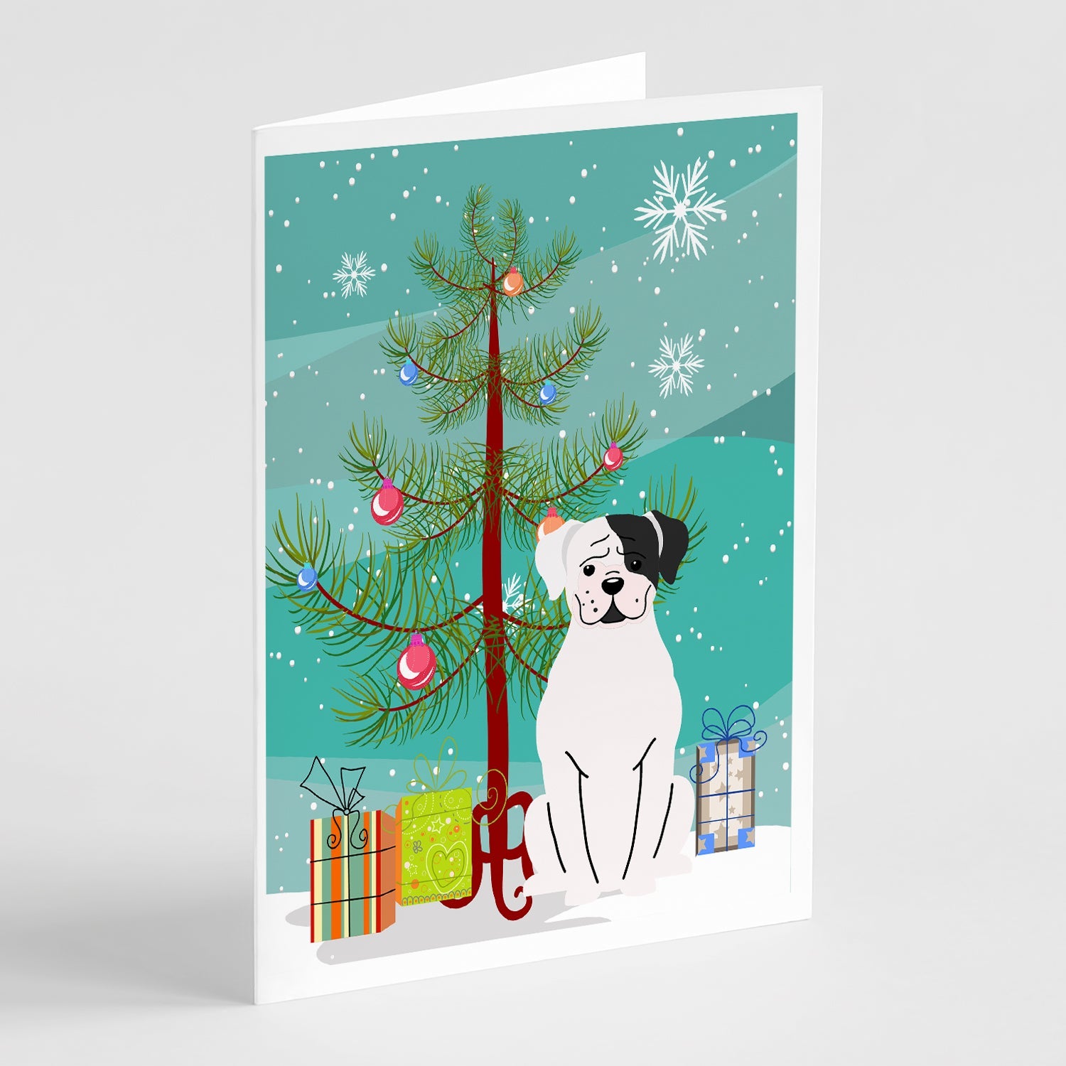 Merry Christmas Tree White Boxer Cooper Greeting Cards Pack of 8 Blank Cards with Envelopes Whimsical A7 Size 5x7