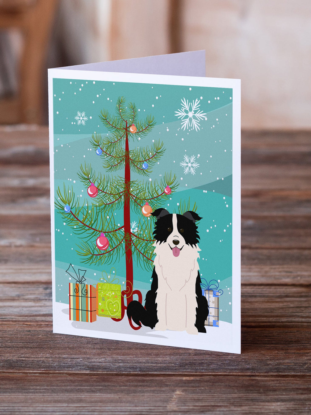 Merry Christmas Tree Border Collie Black White Greeting Cards Pack of 8 Blank Cards with Envelopes Whimsical A7 Size 5x7
