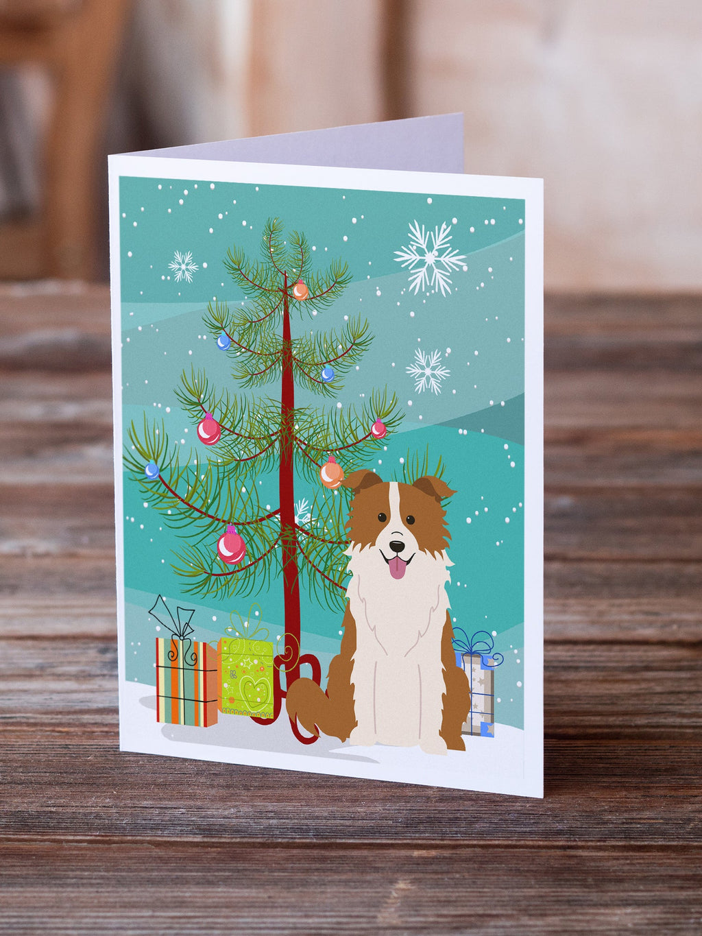 Merry Christmas Tree Border Collie Red White Greeting Cards Pack of 8 Blank Cards with Envelopes Whimsical A7 Size 5x7