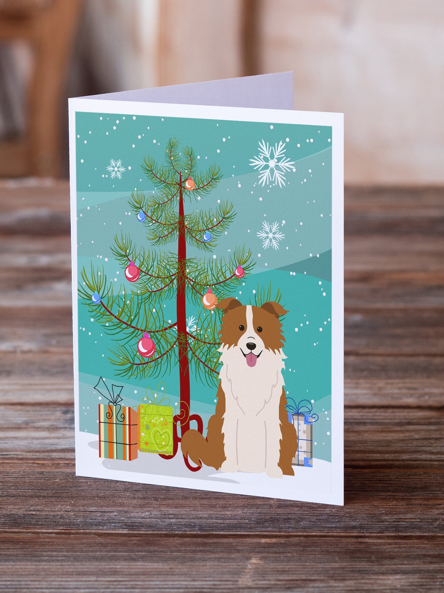 Merry Christmas Tree Border Collie Red White Greeting Cards Pack of 8 Blank Cards with Envelopes Whimsical A7 Size 5x7