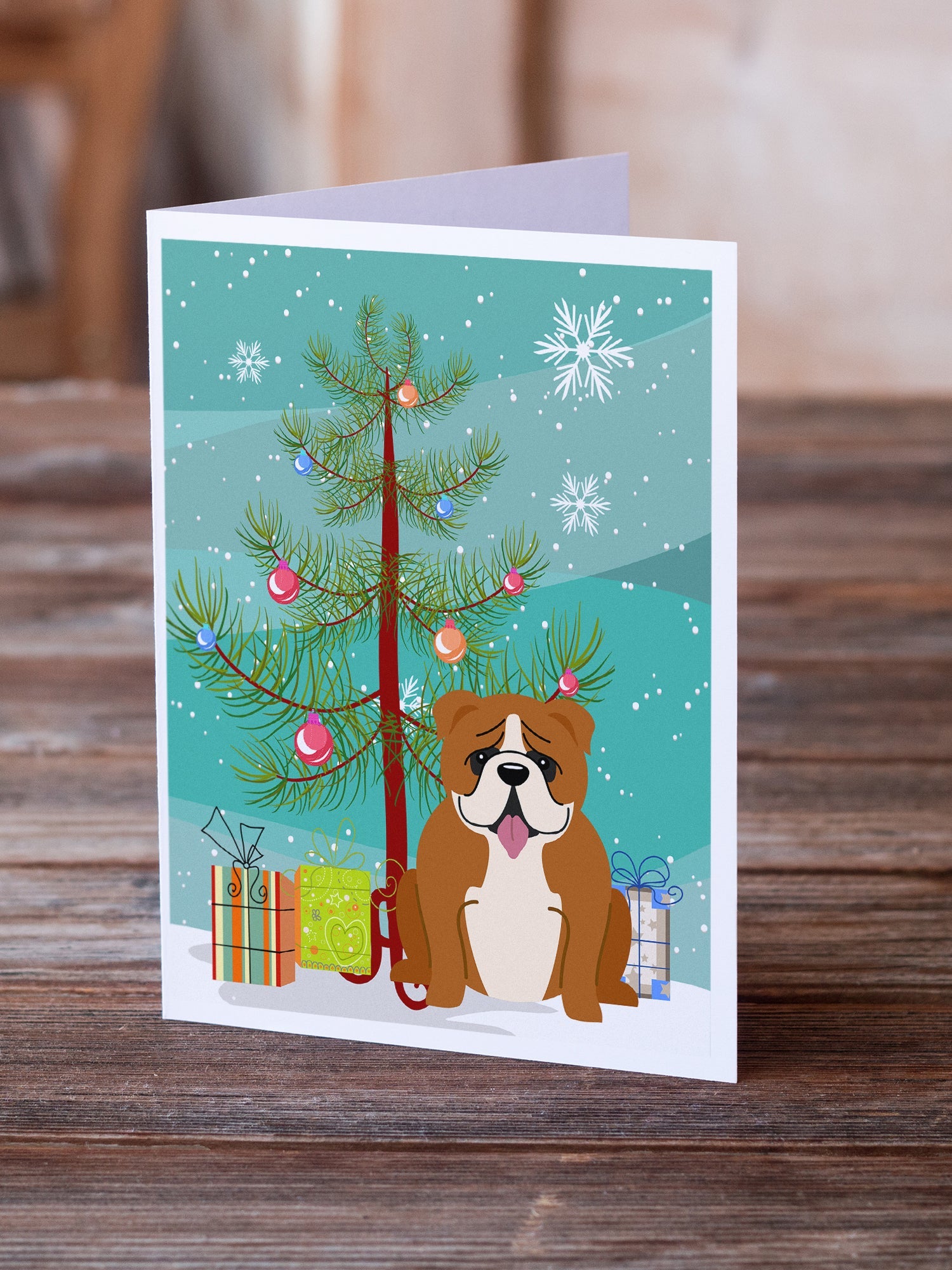 Merry Christmas Tree English Bulldog Red White Greeting Cards Pack of 8 Blank Cards with Envelopes Whimsical A7 Size 5x7