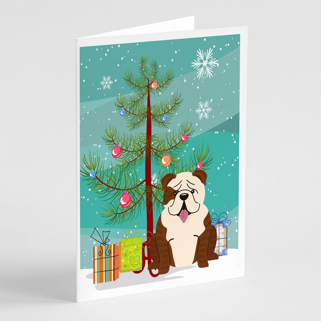 Merry Christmas Tree English Bulldog Brindle White Greeting Cards Pack of 8 Blank Cards with Envelopes Whimsical A7 Size 5x7