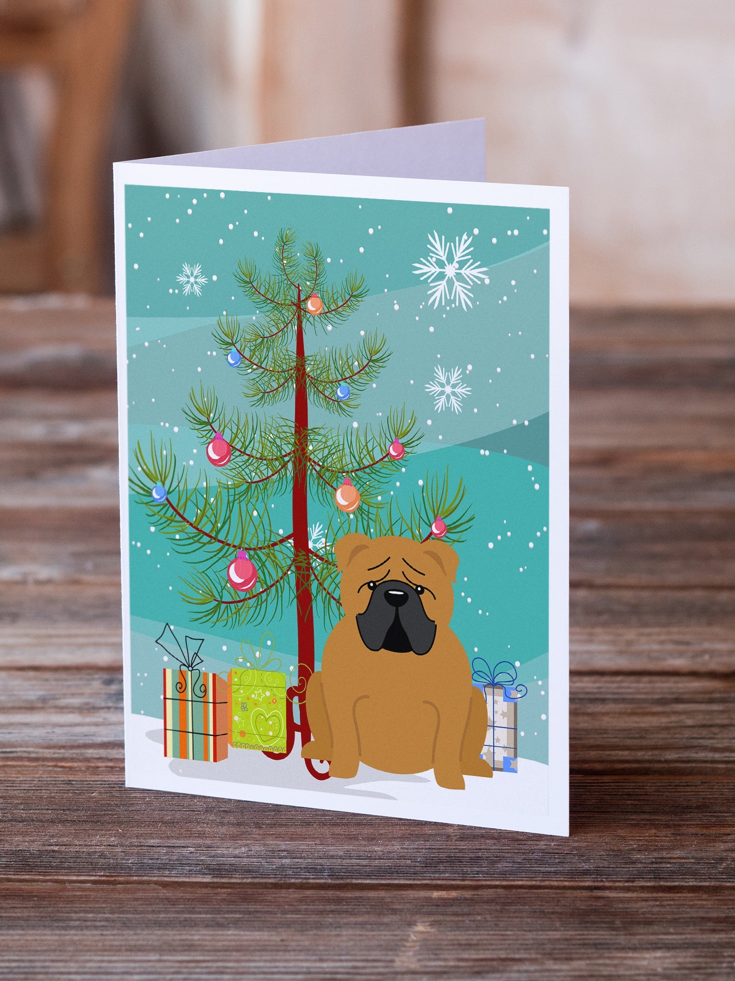 Merry Christmas Tree English Bulldog Red Greeting Cards Pack of 8 Blank Cards with Envelopes Whimsical A7 Size 5x7