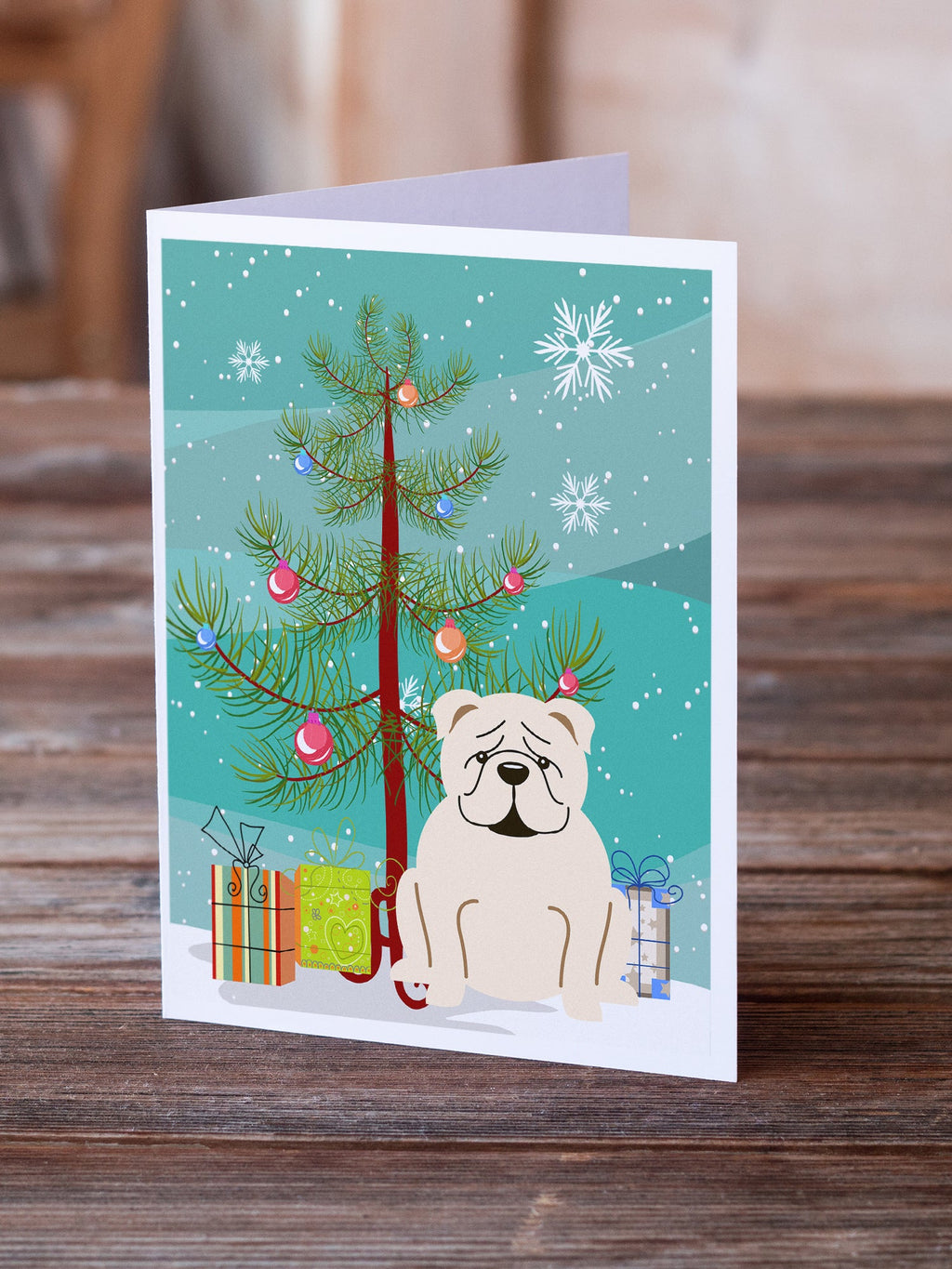 Merry Christmas Tree English Bulldog White Greeting Cards Pack of 8 Blank Cards with Envelopes Whimsical A7 Size 5x7