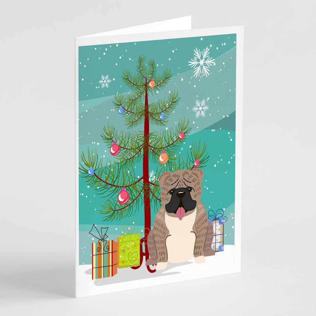 Merry Christmas Tree English Bulldog Grey Brindle  Greeting Cards Pack of 8 Blank Cards with Envelopes Whimsical A7 Size 5x7