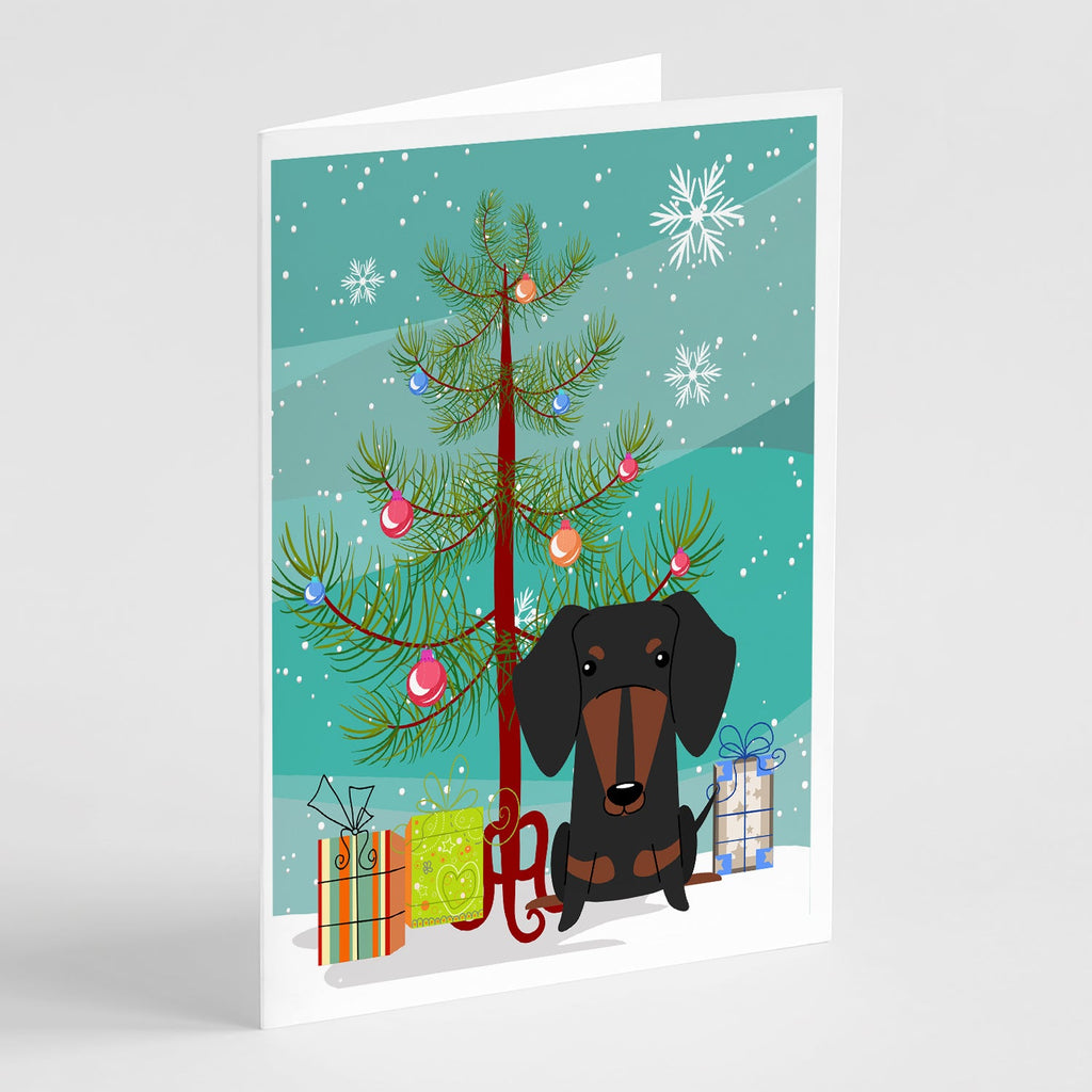 Merry Christmas Tree Dachshund Black Tan Greeting Cards Pack of 8 Blank Cards with Envelopes Whimsical A7 Size 5x7