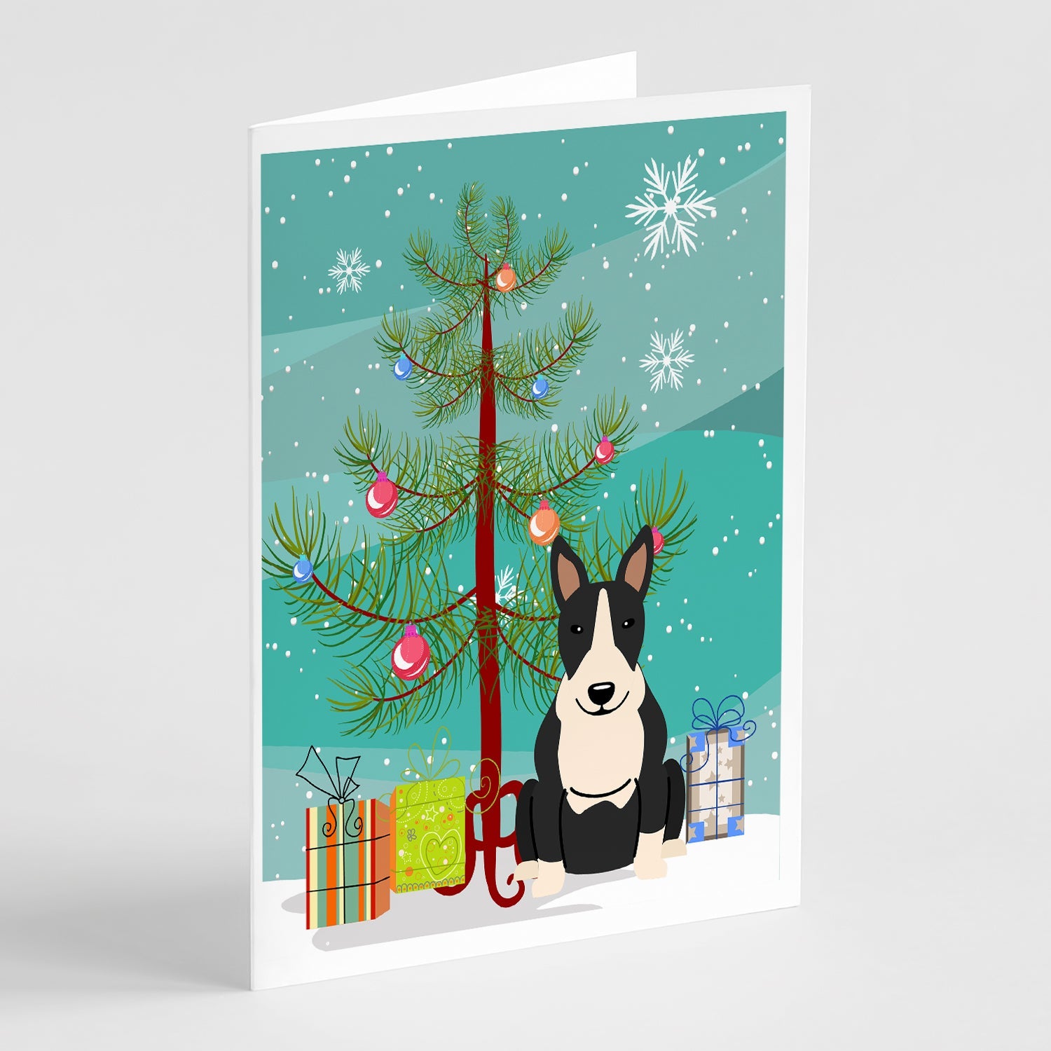Merry Christmas Tree Bull Terrier Black White Greeting Cards Pack of 8 Blank Cards with Envelopes Whimsical A7 Size 5x7