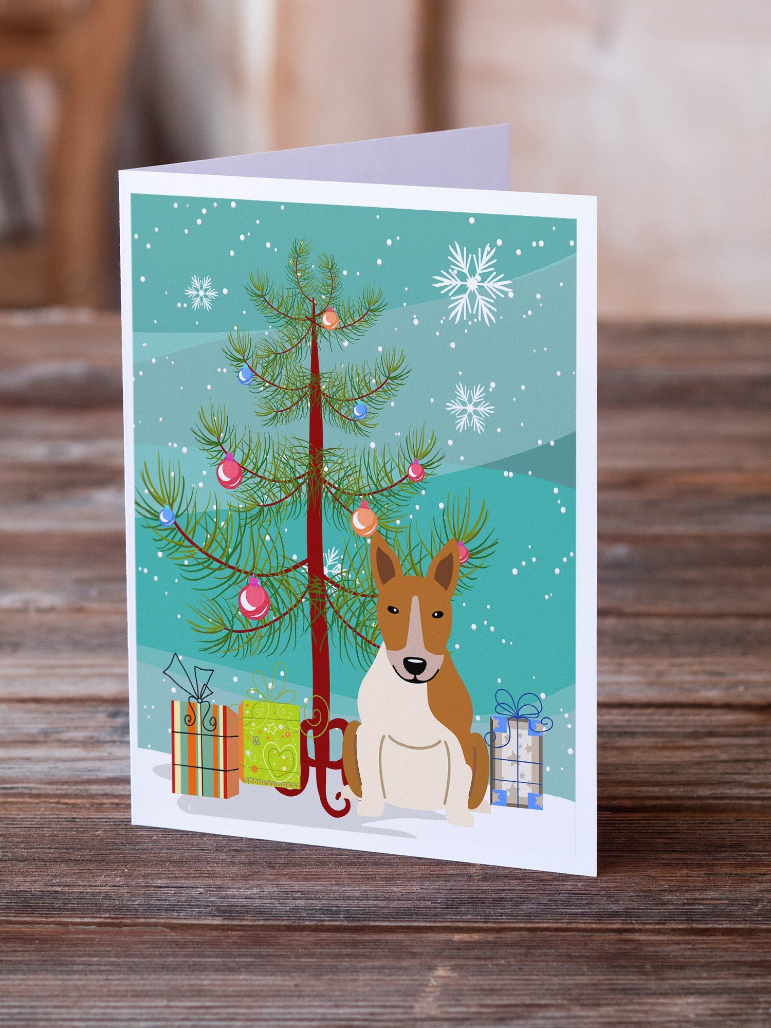 Merry Christmas Tree Bull Terrier Red White Greeting Cards Pack of 8 Blank Cards with Envelopes Whimsical A7 Size 5x7