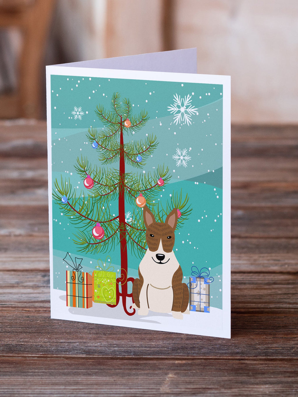 Merry Christmas Tree Bull Terrier Brindle Greeting Cards Pack of 8 Blank Cards with Envelopes Whimsical A7 Size 5x7
