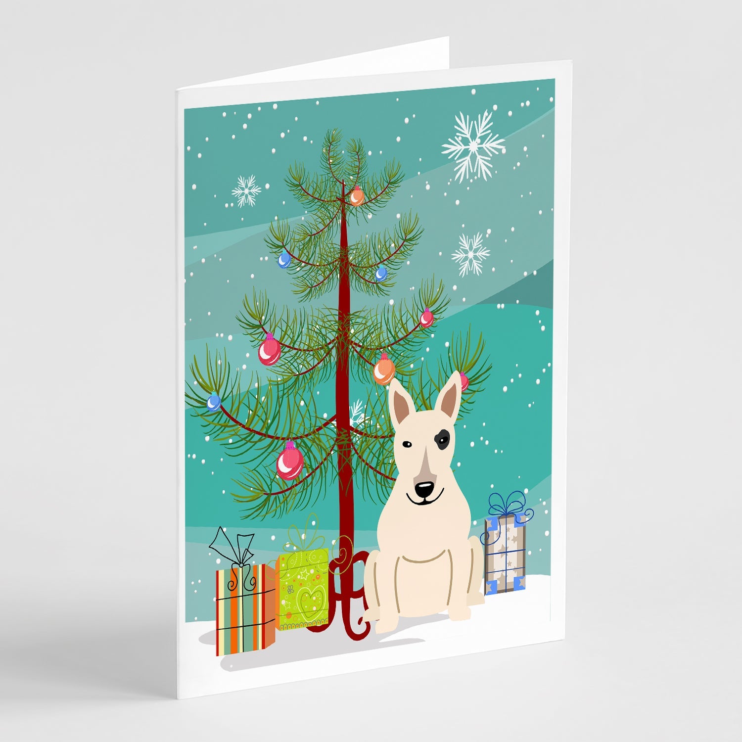 Merry Christmas Tree Bull Terrier White Greeting Cards Pack of 8 Blank Cards with Envelopes Whimsical A7 Size 5x7