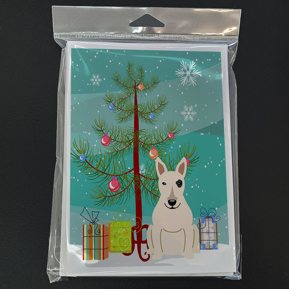 Merry Christmas Tree Bull Terrier White Greeting Cards Pack of 8 Blank Cards with Envelopes Whimsical A7 Size 5x7