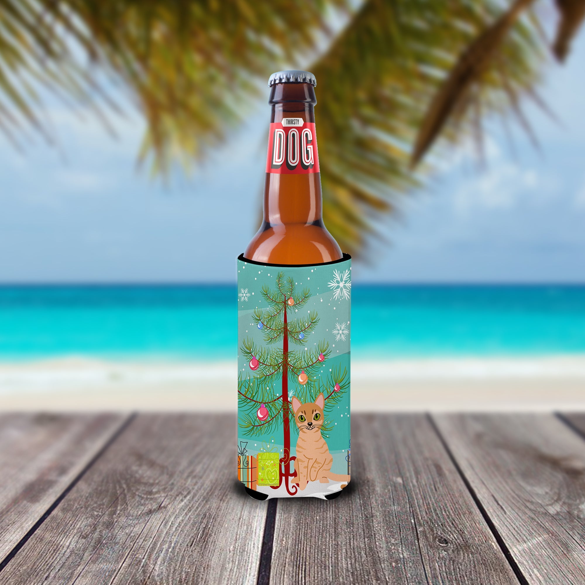 Australian Mist Cat Merry Christmas Tree Slim Can Hugger , Insulated Foam Hugger for 12 oz Slim Cans, Beer Bottles & Water Bottles, Printed in USA
