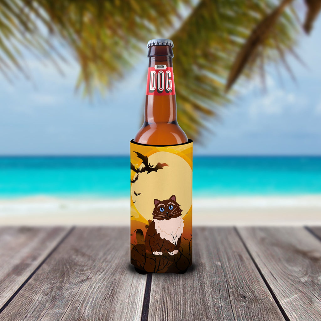 Halloween Himalayan Cat Slim Can Hugger , Insulated Foam Hugger for 12 oz Slim Cans, Beer Bottles & Water Bottles, Printed in USA