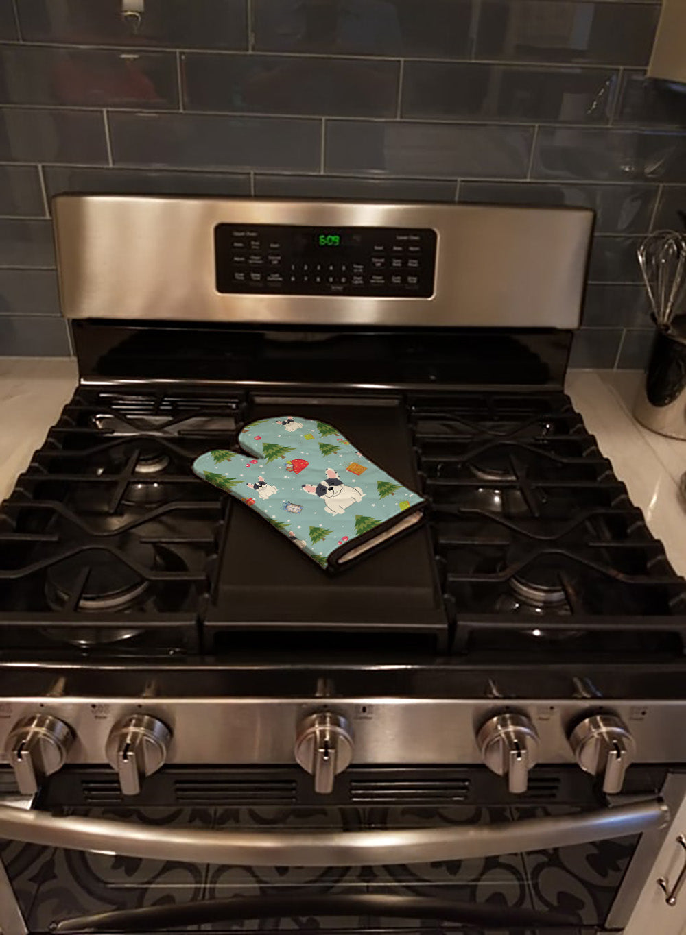 Christmas French Bulldog Piebald Oven Mitt Heat Resistant Thick Oven Mitt for Hot Pans and Oven, Kitchen Mitt Protect Hands, Cooking Baking Glove