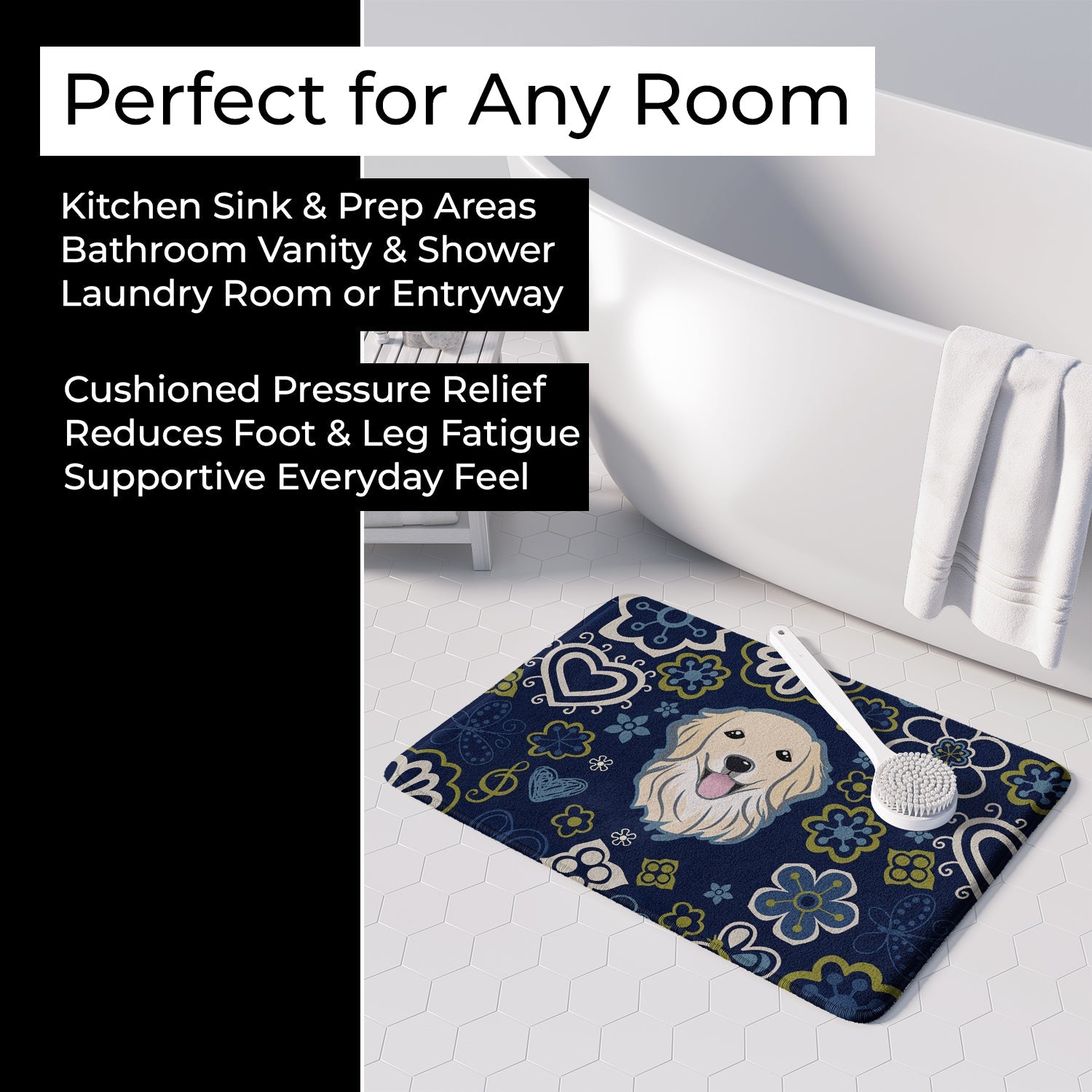 Blue Flowers Golden Retriever Memory Foam Kitchen Mat Machine Washable Anti-Fatigue Cushion Comfort Bath or Kitchen Rug