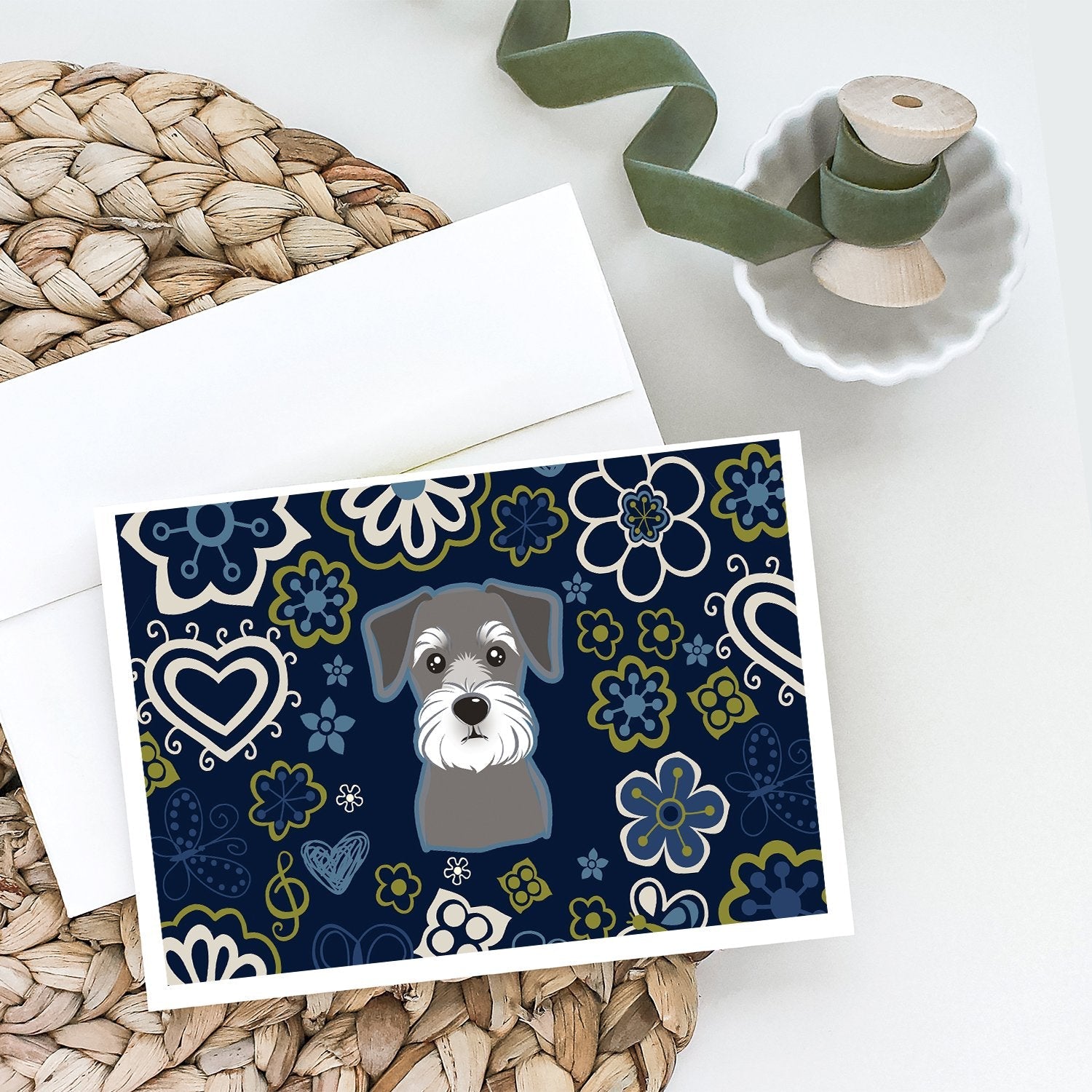 Blue Flowers Schnauzer Greeting Cards Pack of 8 Blank Cards with Envelopes Whimsical A7 Size 5x7