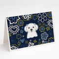 Blue Flowers Maltese Greeting Cards Pack of 8 Blank Cards with Envelopes Whimsical A7 Size 5x7