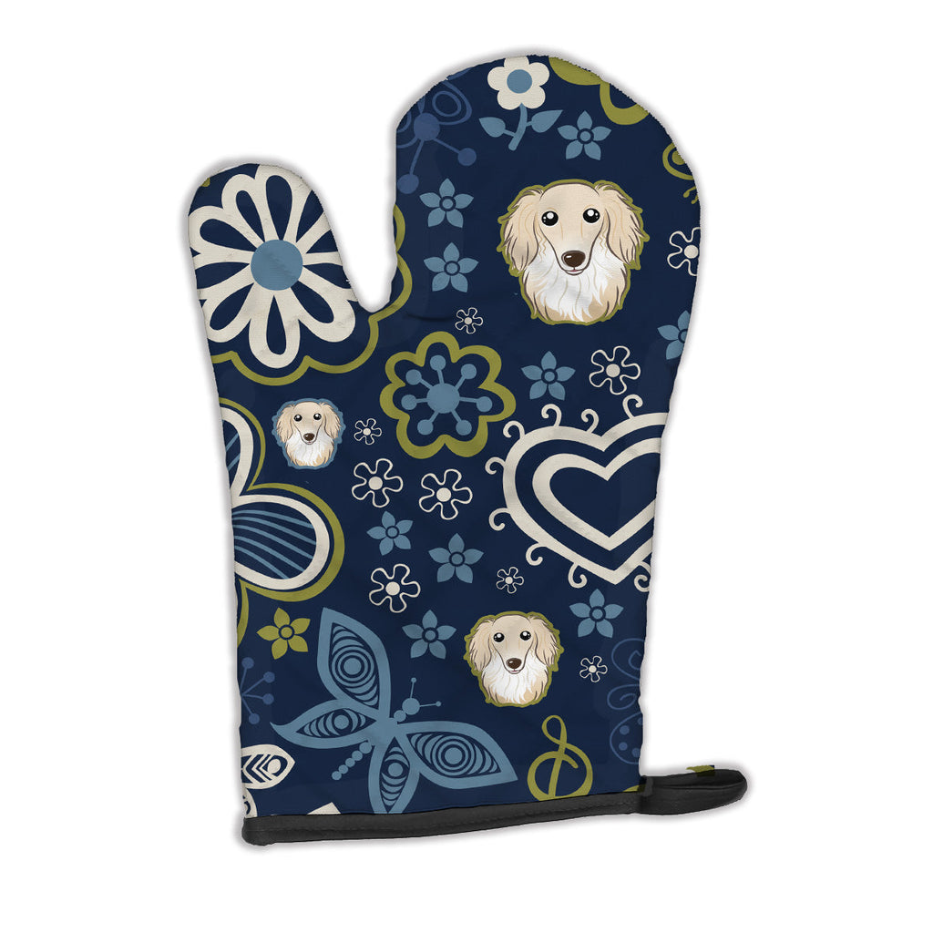 Blue Flowers Longhair Creme Dachshund Oven Mitt Heat Resistant Thick Oven Mitt for Hot Pans and Oven, Kitchen Mitt Protect Hands, Cooking Baking Glove