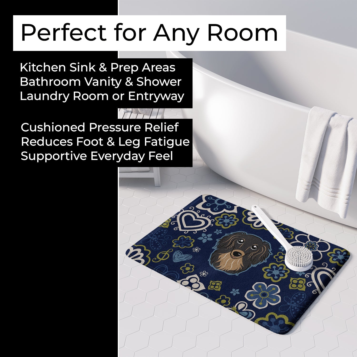 Blue Flowers Longhair Black and Tan Dachshund Memory Foam Kitchen Mat Machine Washable Anti-Fatigue Cushion Comfort Bath or Kitchen Rug