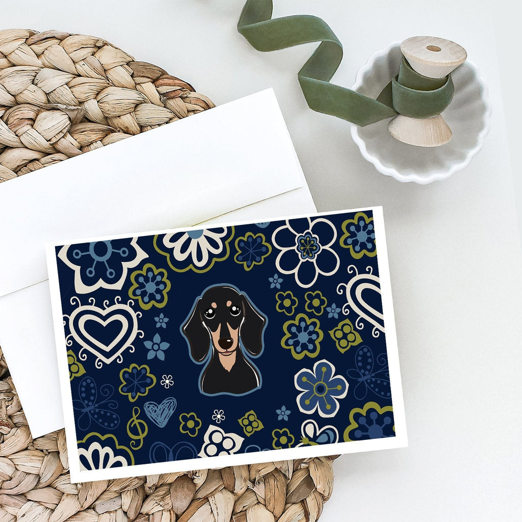Blue Flowers Smooth Black and Tan Dachshund Greeting Cards Pack of 8 Blank Cards with Envelopes Whimsical A7 Size 5x7