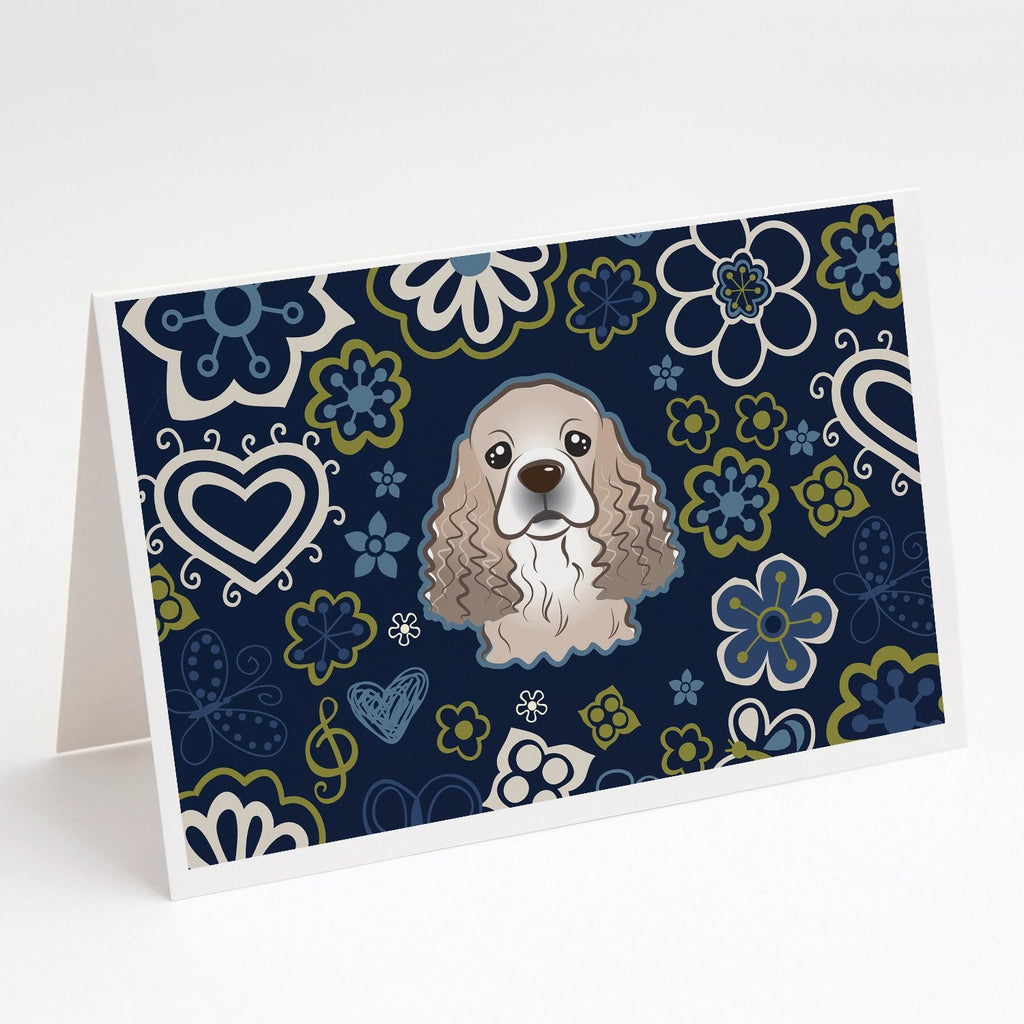 Blue Flowers Cocker Spaniel Greeting Cards Pack of 8 Blank Cards with Envelopes Whimsical A7 Size 5x7