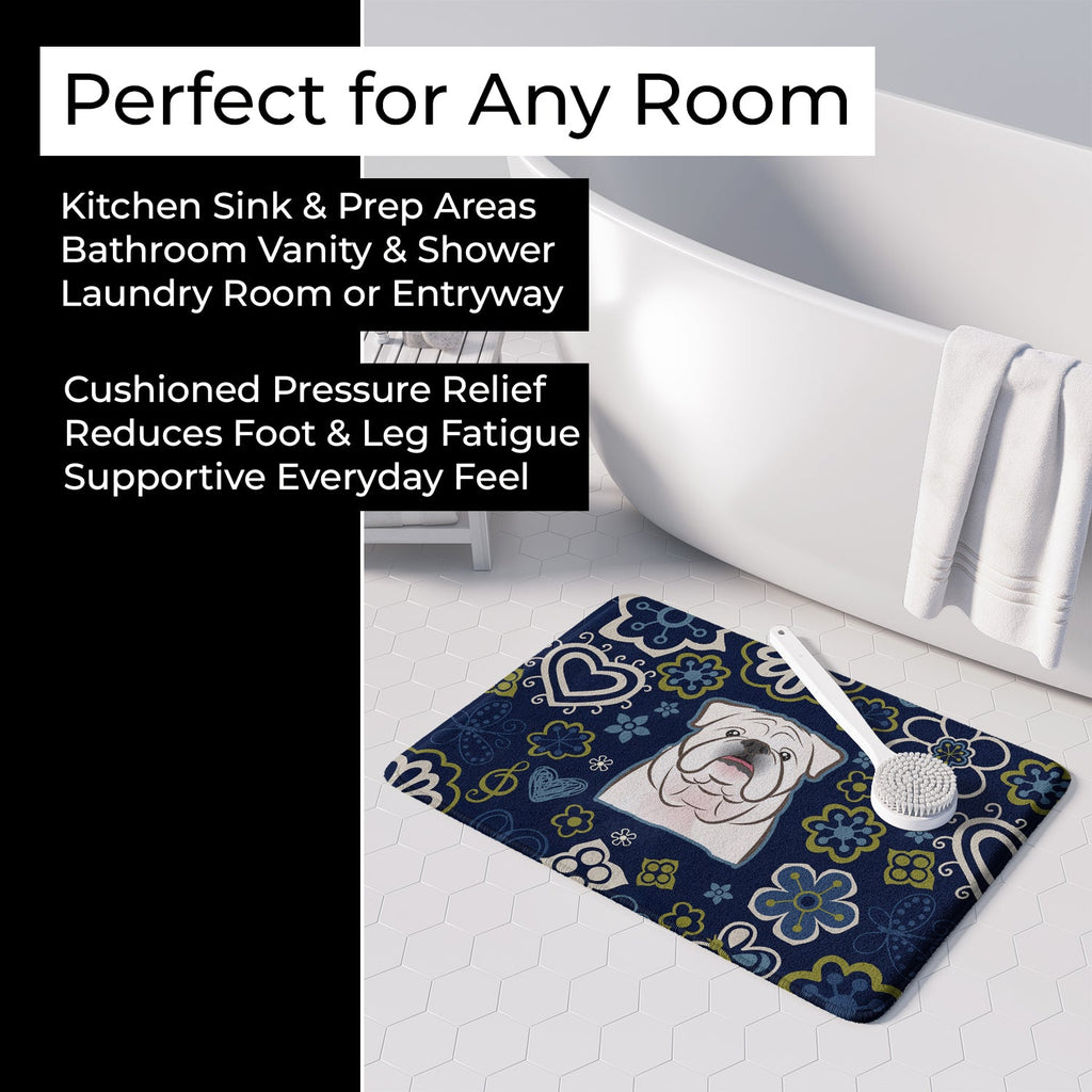 Blue Flowers White English Bulldog  Memory Foam Kitchen Mat Machine Washable Anti-Fatigue Cushion Comfort Bath or Kitchen Rug