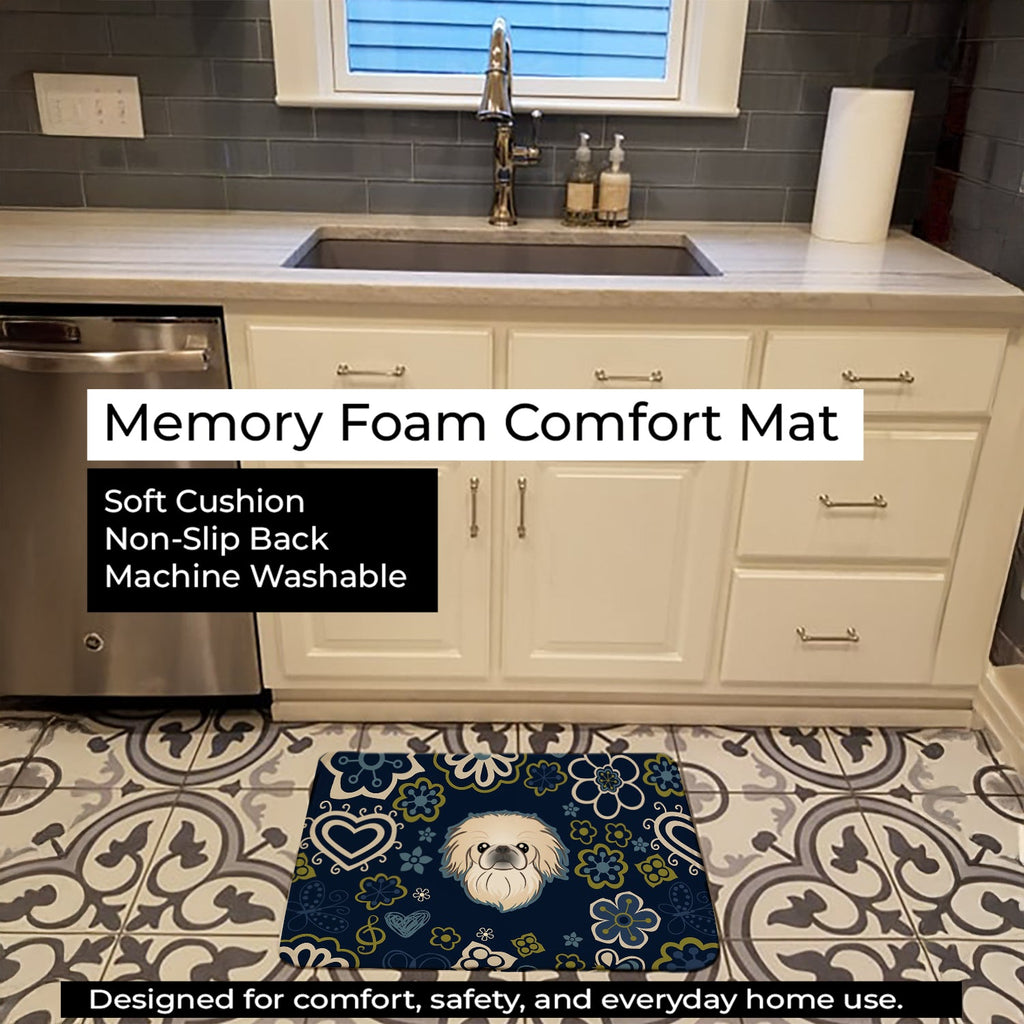 Blue Flowers Pekingese Memory Foam Kitchen Mat Machine Washable Anti-Fatigue Cushion Comfort Bath or Kitchen Rug