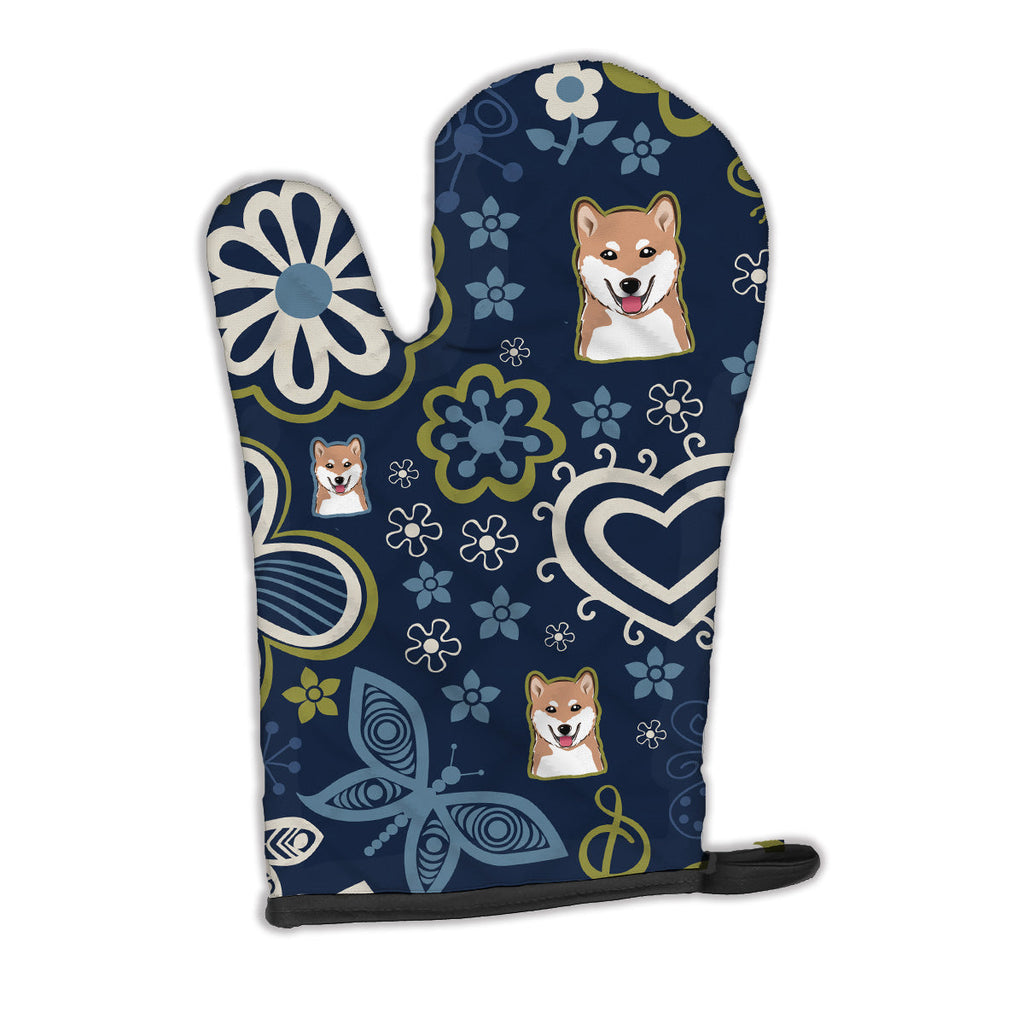 Blue Flowers Shiba Inu Oven Mitt Heat Resistant Thick Oven Mitt for Hot Pans and Oven, Kitchen Mitt Protect Hands, Cooking Baking Glove