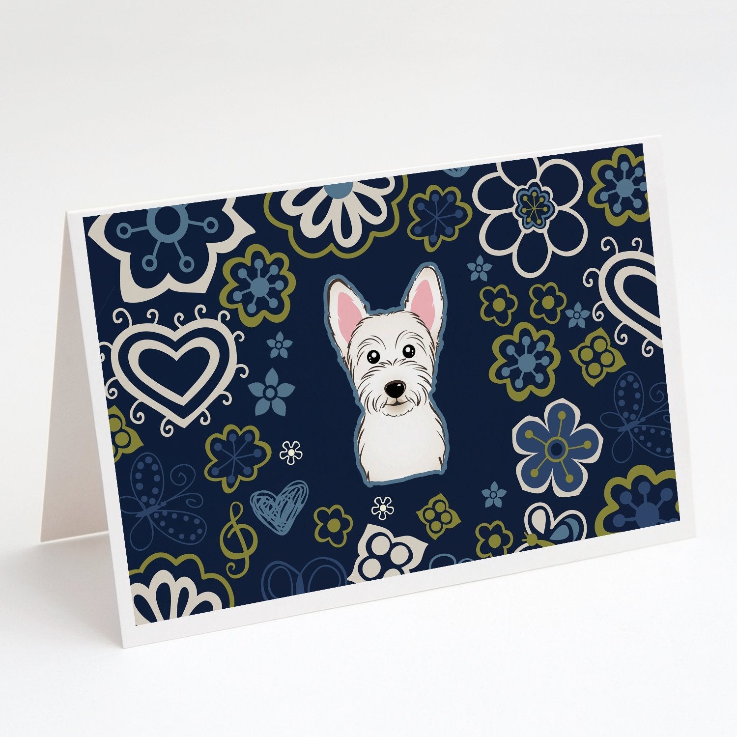 Blue Flowers Westie Greeting Cards Pack of 8 Blank Cards with Envelopes Whimsical A7 Size 5x7