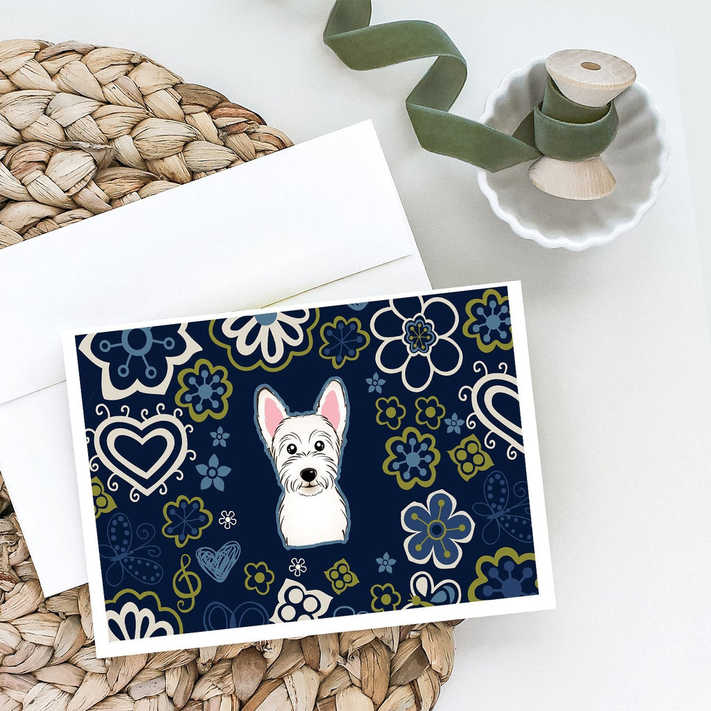 Blue Flowers Westie Greeting Cards Pack of 8 Blank Cards with Envelopes Whimsical A7 Size 5x7