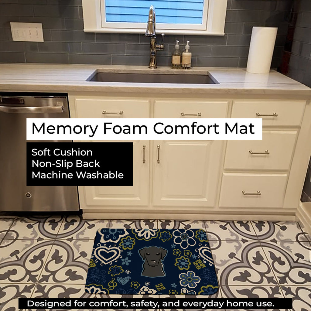 Blue Flowers Black Labrador Memory Foam Kitchen Mat Machine Washable Anti-Fatigue Cushion Comfort Bath or Kitchen Rug
