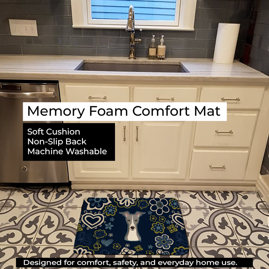Blue Flowers Italian Greyhound Memory Foam Kitchen Mat Machine Washable Anti-Fatigue Cushion Comfort Bath or Kitchen Rug
