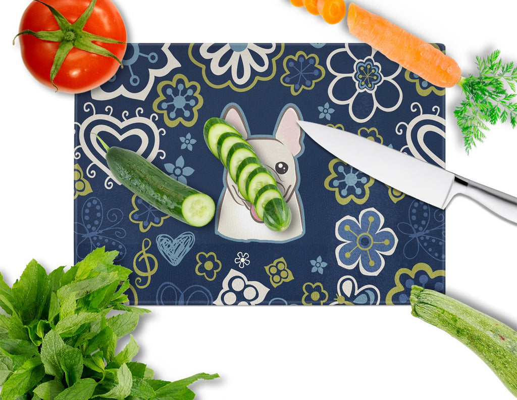 Blue Flowers French Bulldog Cutting Board Tempered Glass Kitchen Cutting Surface, Heat Resistant Chopping, Non-Slip Feet, Food Prep & Serving