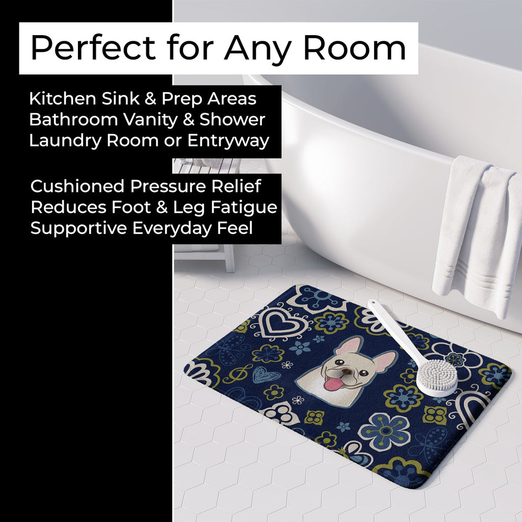 Blue Flowers French Bulldog Memory Foam Kitchen Mat Machine Washable Anti-Fatigue Cushion Comfort Bath or Kitchen Rug