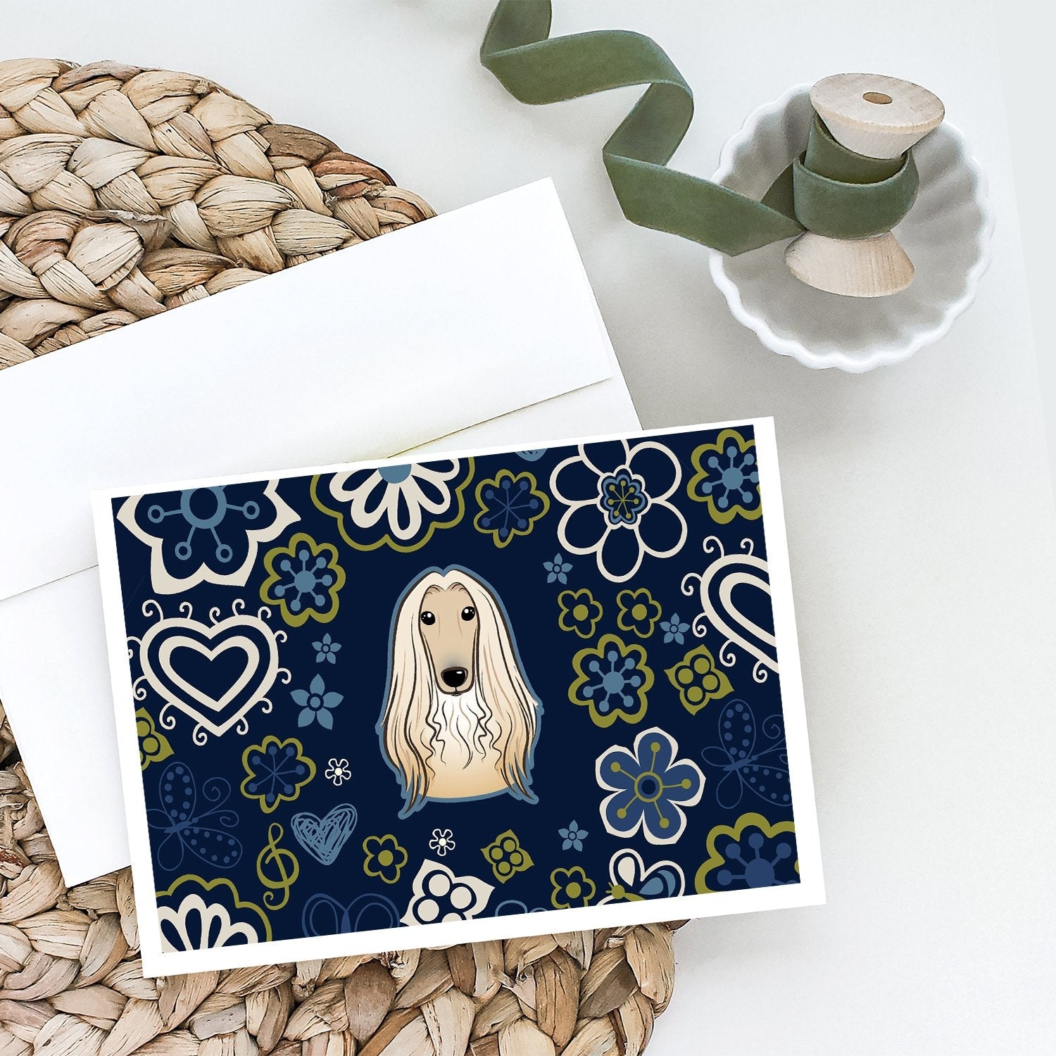 Blue Flowers Afghan Hound Greeting Cards Pack of 8 Blank Cards with Envelopes Whimsical A7 Size 5x7
