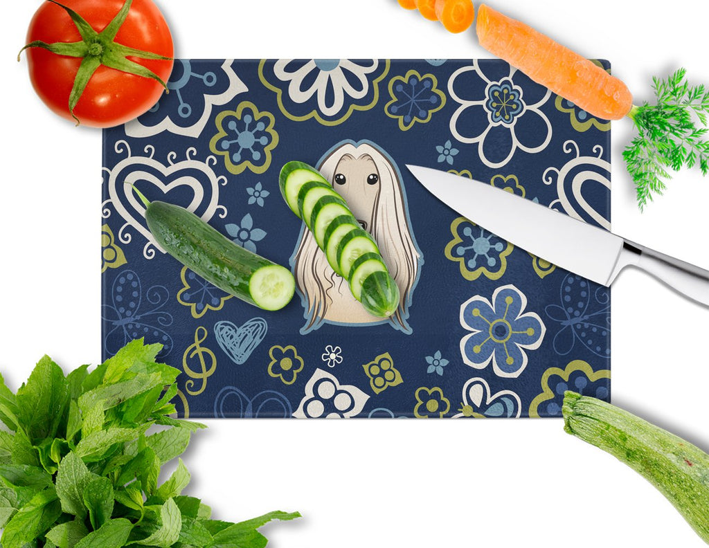 Blue Flowers Afghan Hound Cutting Board Tempered Glass Kitchen Cutting Surface, Heat Resistant Chopping, Non-Slip Feet, Food Prep & Serving