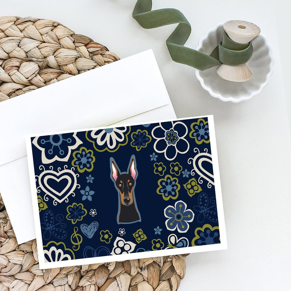Blue Flowers Doberman Pinscher Greeting Cards Pack of 8 Blank Cards with Envelopes Whimsical A7 Size 5x7