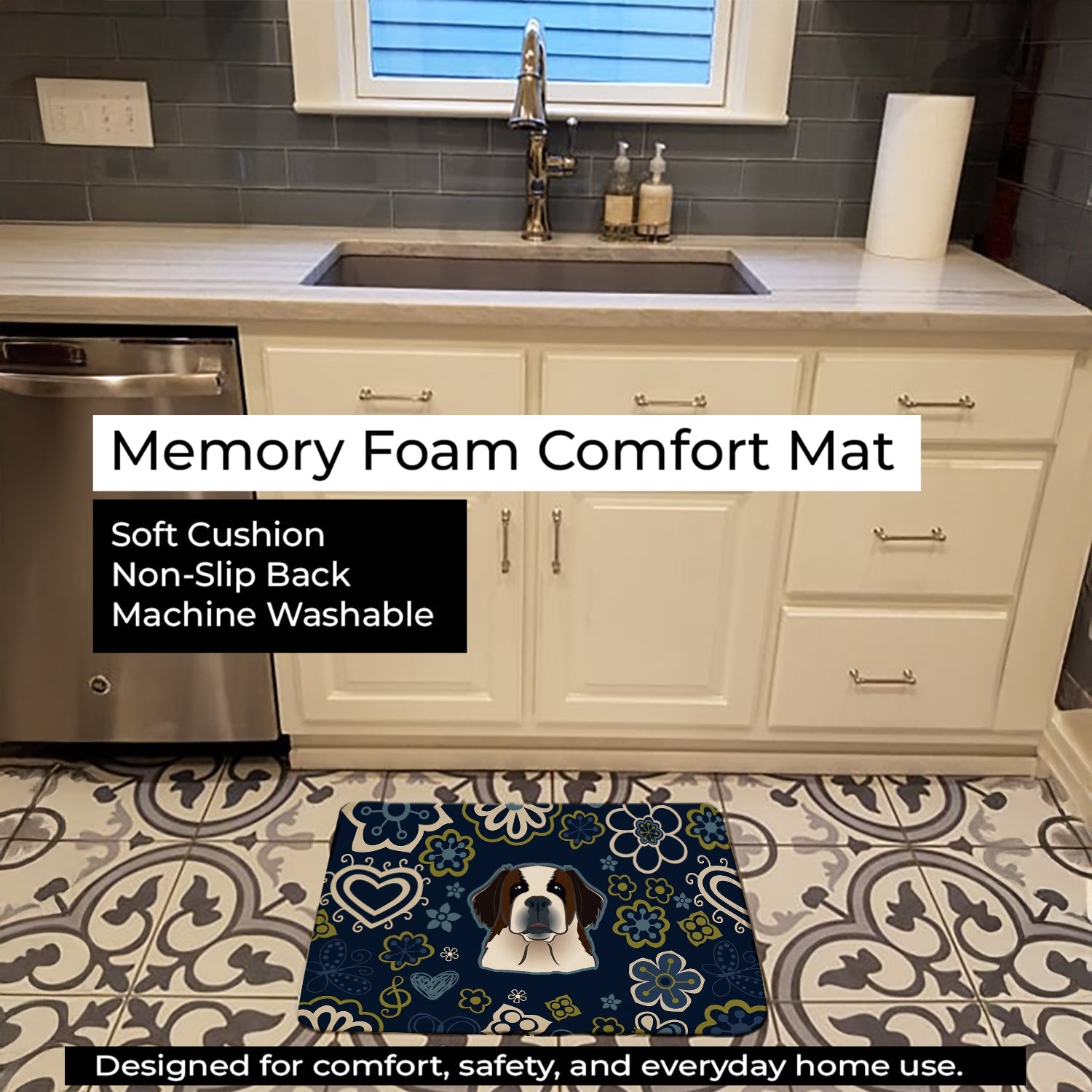 Blue Flowers Saint Bernard Memory Foam Kitchen Mat Machine Washable Anti-Fatigue Cushion Comfort Bath or Kitchen Rug