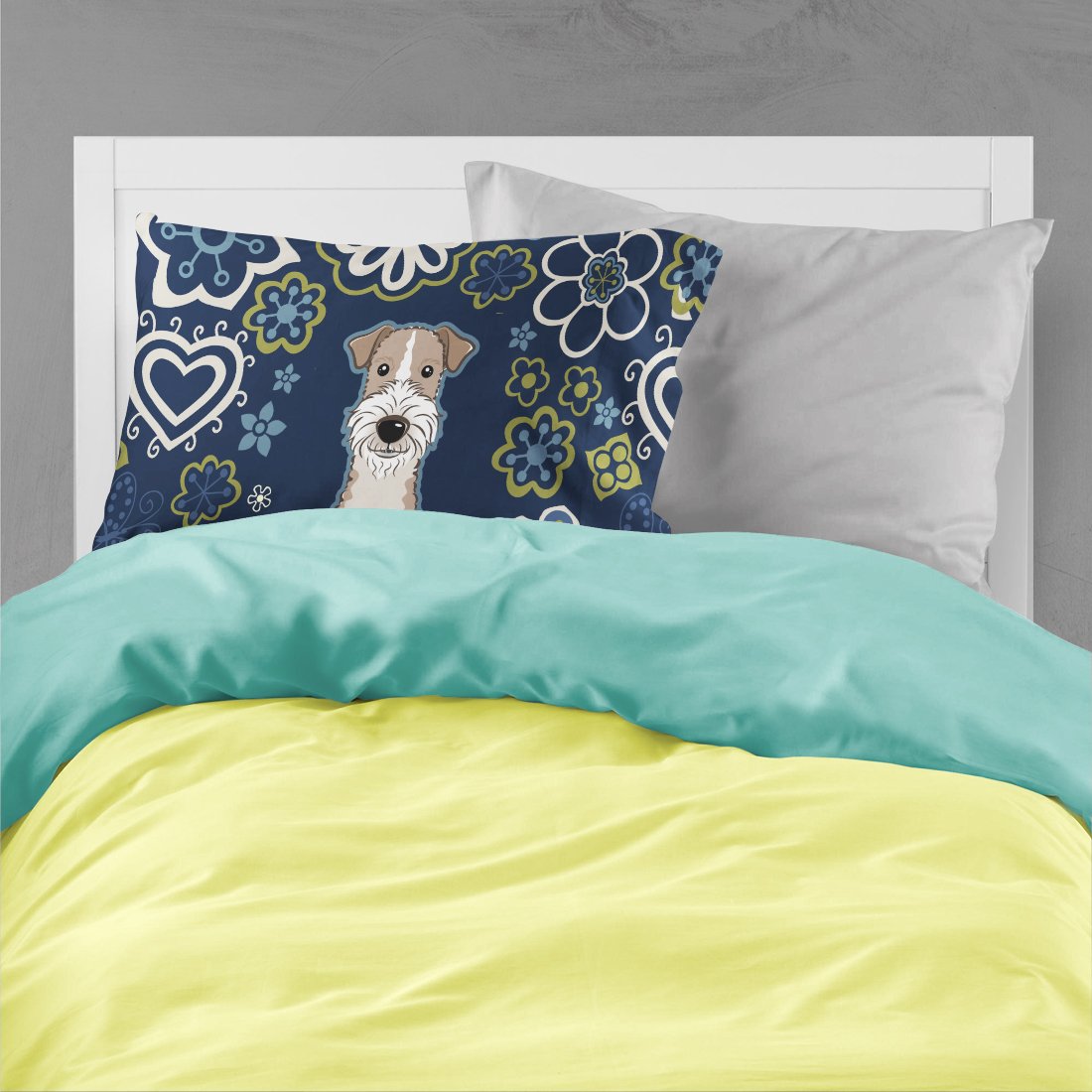 Blue Flowers Wire Haired Fox Terrier Standard Pillowcase Lightweight Super Soft Easy Care Decorative Artwork Pillowcase, Standard