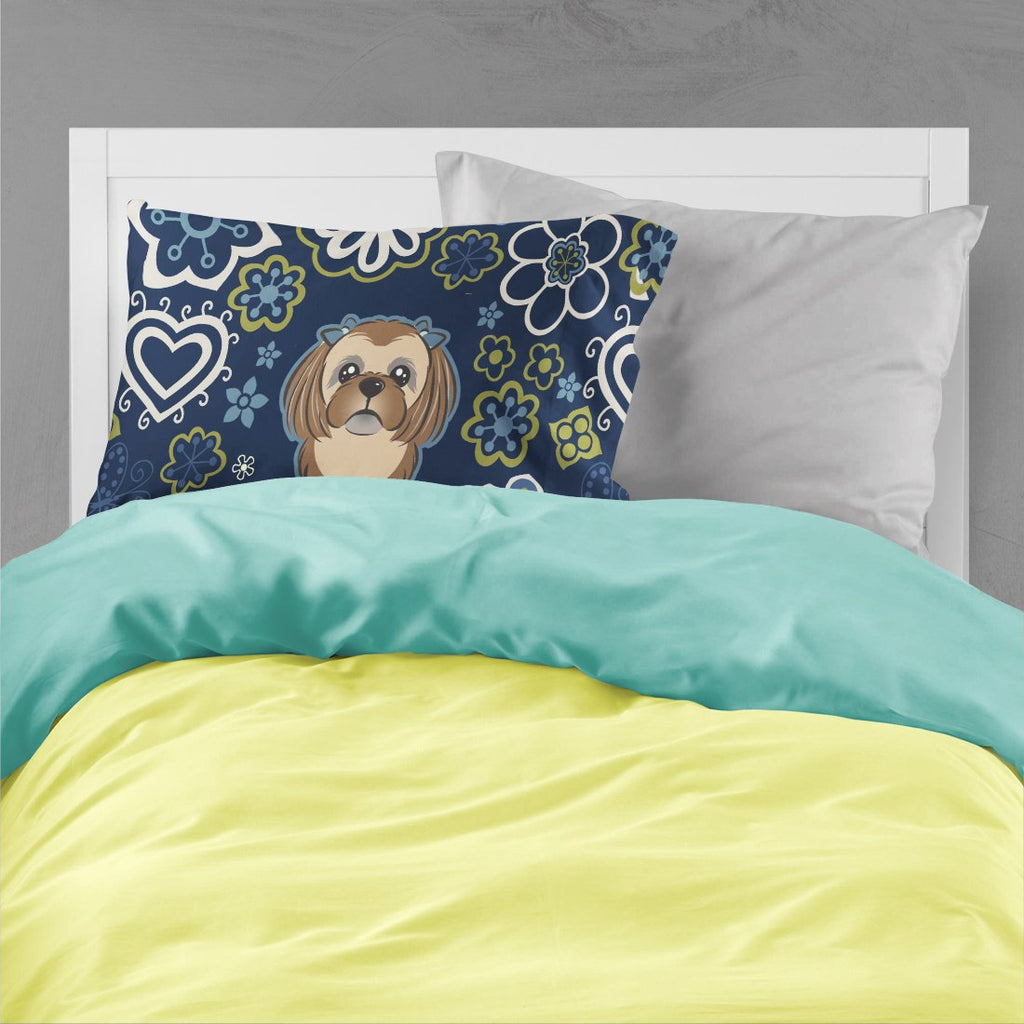 Blue Flowers Chocolate Brown Shih Tzu Standard Pillowcase Lightweight Super Soft Easy Care Decorative Artwork Pillowcase, Standard