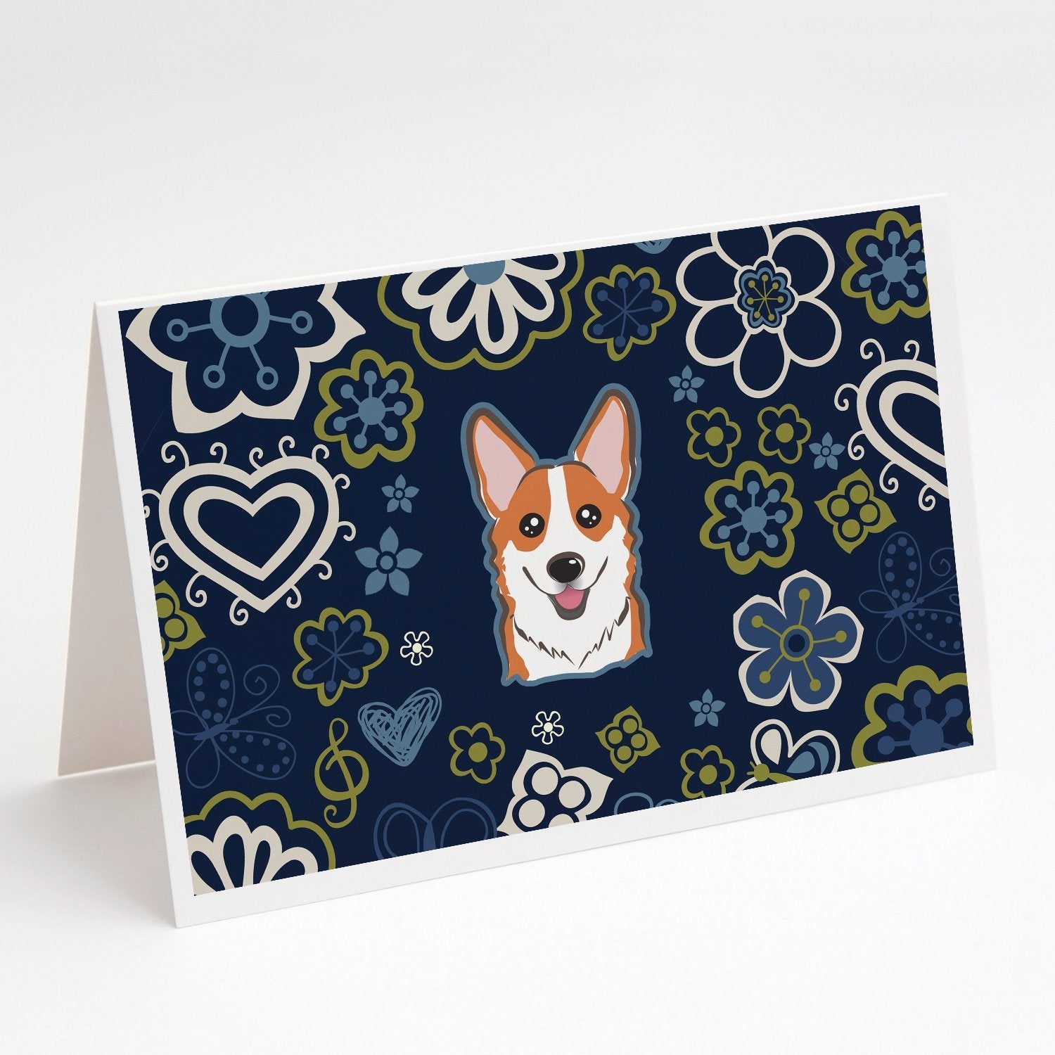 Blue Flowers Red Corgi Greeting Cards Pack of 8 Blank Cards with Envelopes Whimsical A7 Size 5x7
