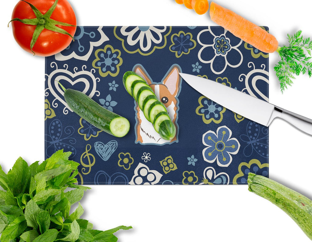 Blue Flowers Red Corgi Cutting Board Tempered Glass Kitchen Cutting Surface, Heat Resistant Chopping, Non-Slip Feet, Food Prep & Serving