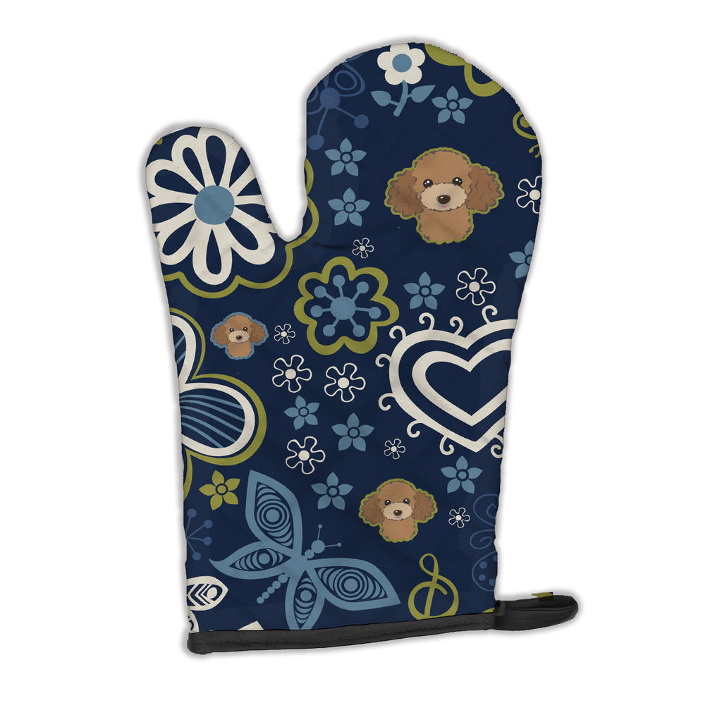 Blue Flowers Chocolate Brown Poodle Oven Mitt Heat Resistant Thick Oven Mitt for Hot Pans and Oven, Kitchen Mitt Protect Hands, Cooking Baking Glove