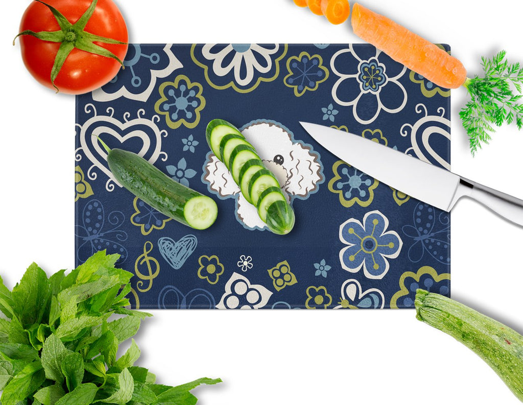 Blue Flowers White Poodle Cutting Board Tempered Glass Kitchen Cutting Surface, Heat Resistant Chopping, Non-Slip Feet, Food Prep & Serving