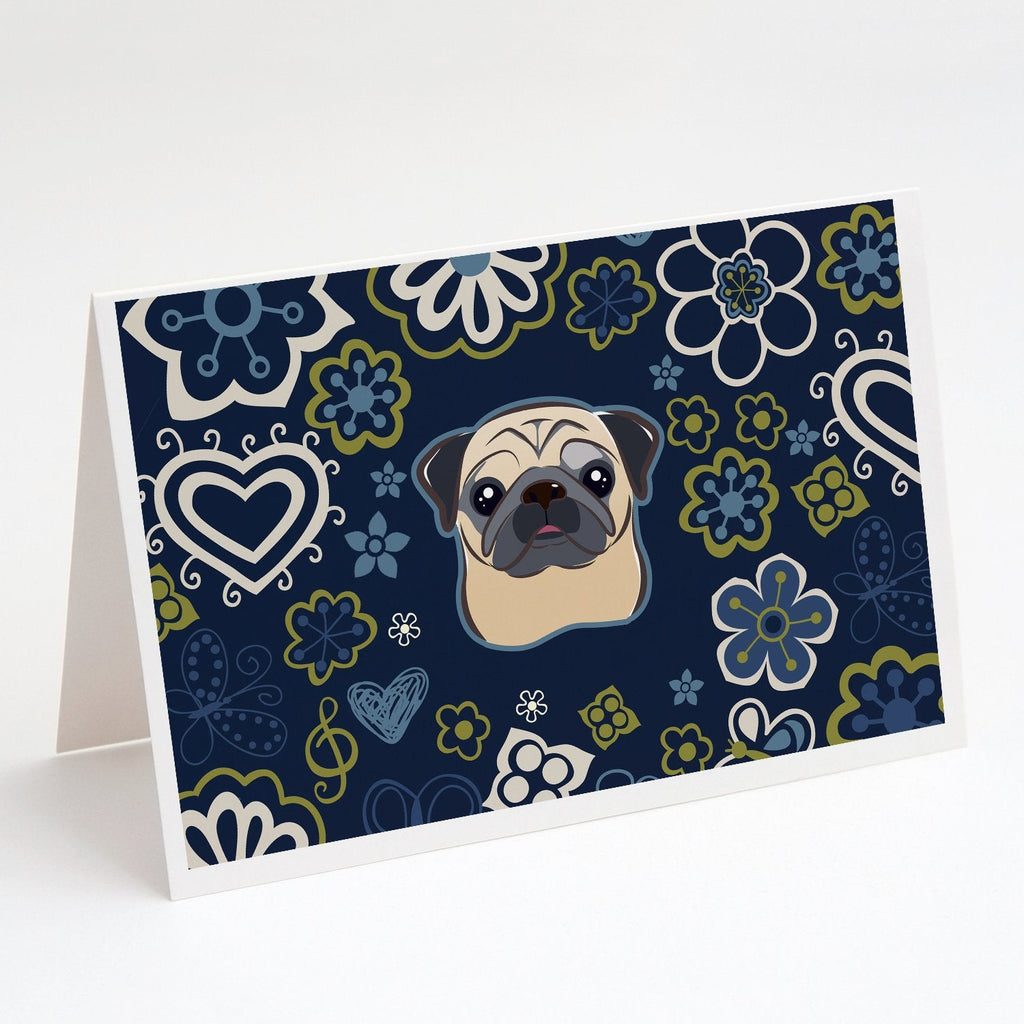 Blue Flowers Fawn Pug Greeting Cards Pack of 8 Blank Cards with Envelopes Whimsical A7 Size 5x7